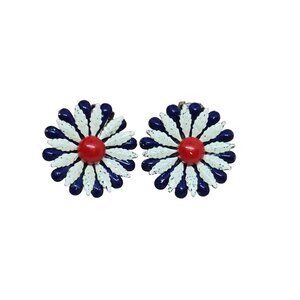 VTG Clip-On Flower Earrings Blue White Red Enamel Daisy Retro Costume Jewelry